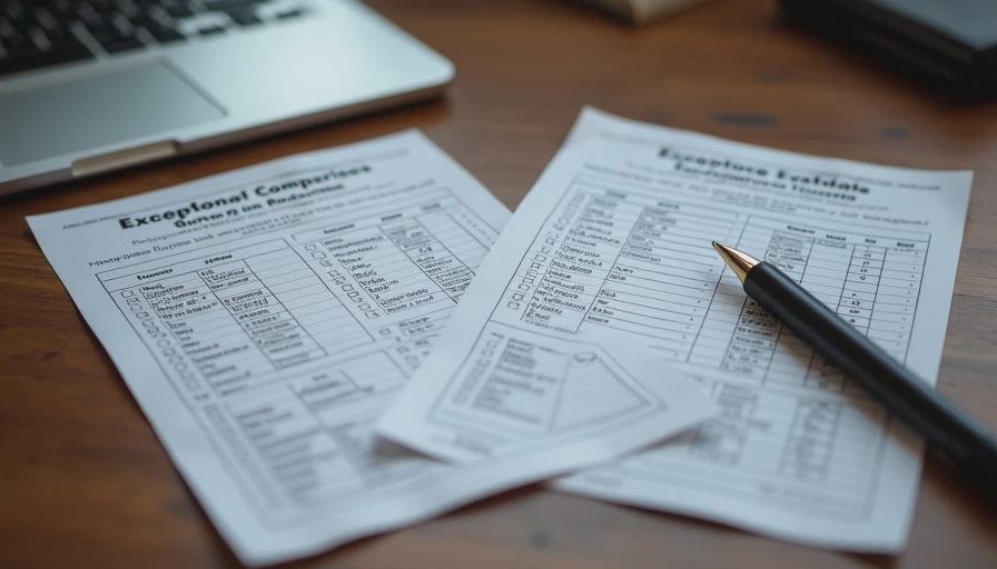Documentary style shot of printed document summary comparison test documents laid side by side with a pen on a wooden desk.