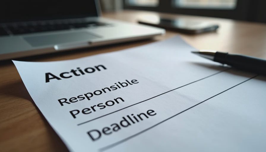 Documentary style shot of a printed table document on a wooden desk, neatly organized with action items, owners, and deadlines.