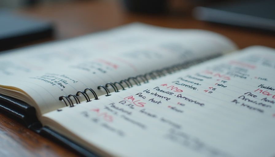 Documentary style close-up of an open notebook with handwritten notes and annotations tracking AI prompt test variables and evaluation criteria.