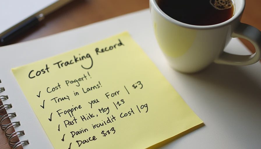 Documentary style shot of a sticky note with a simple four-line AI workflow cost tracking list on a wooden desk.