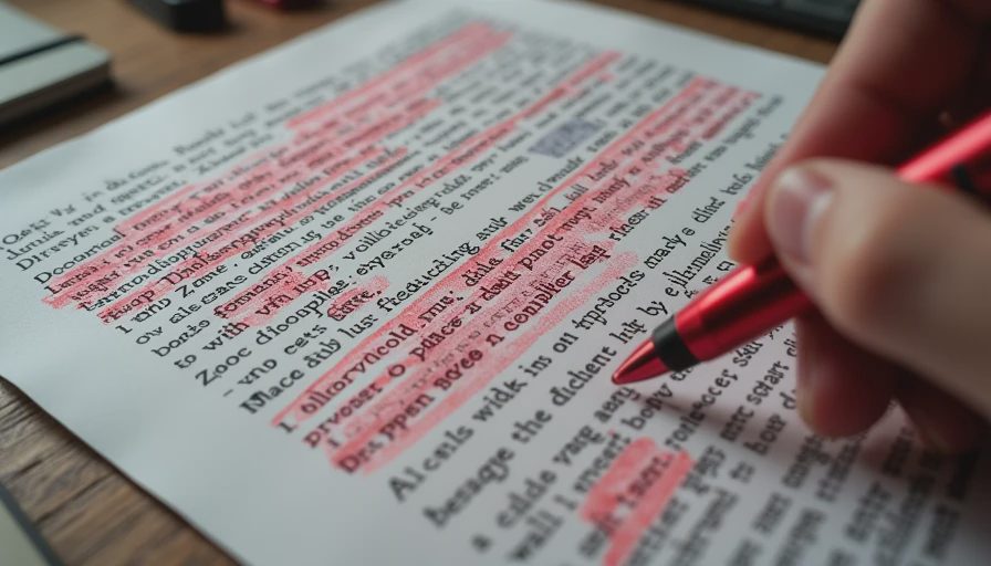 Documentary style close-up of a printed sheet filled with long, overly complex prompt instructions marked with red edits and corrections.