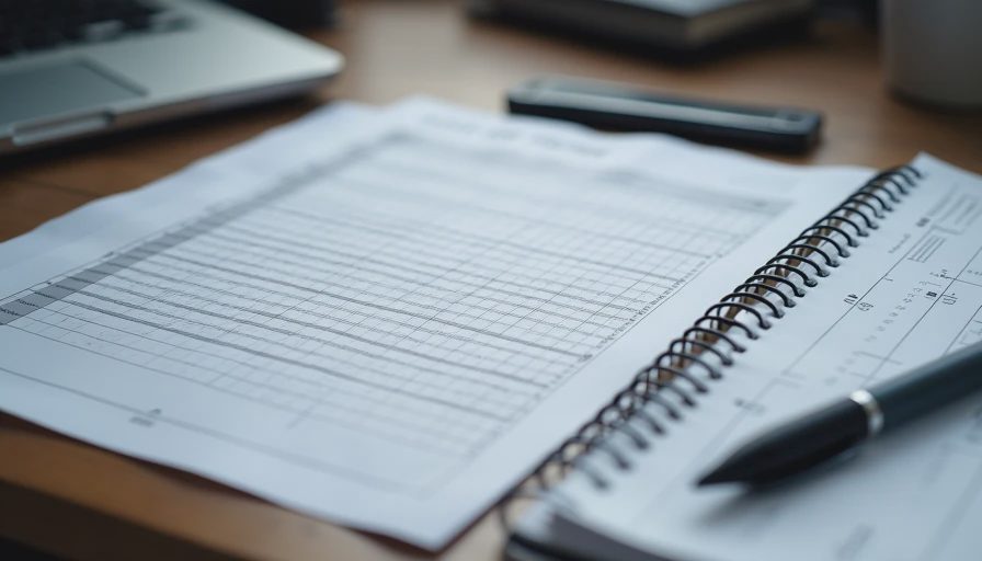 Documentary style shot of a printed test template document and a pen on a wooden desk, emphasizing rigorous prompt testing.
