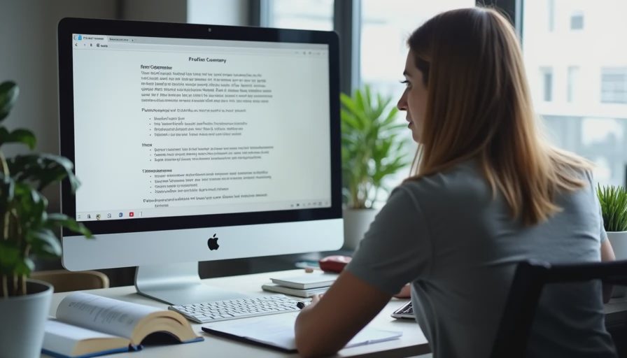 Documentary style photo of a person focused on a concise text outline on a computer monitor in a quiet office environment.