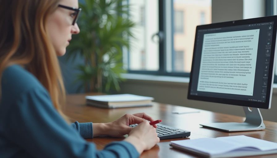 Documentary style photo of a person carefully reviewing AI-generated text on a computer screen with a red pen in an office.