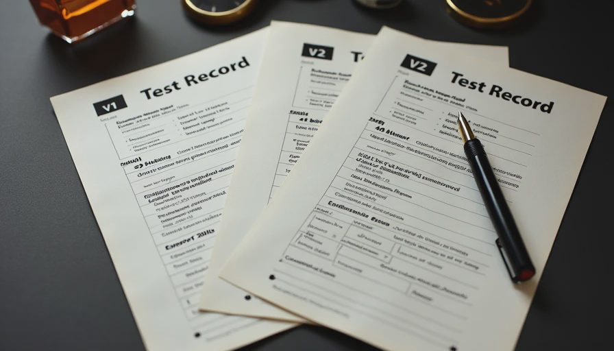 Documentary style shot of paper records labeled V1 and V2 side by side on a desk, showing iterative prompt testing and refinement notes.