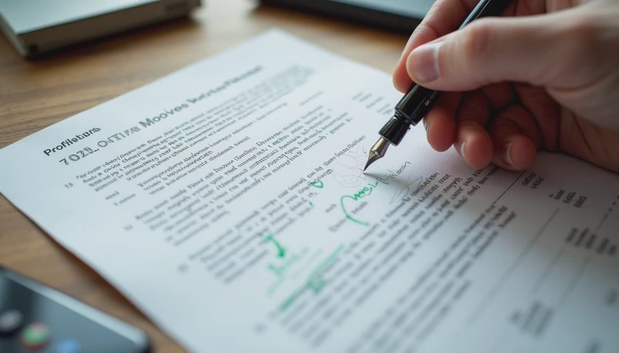 Documentary style shot of a printed draft document with handwritten review notes and corrections on a wooden desk.