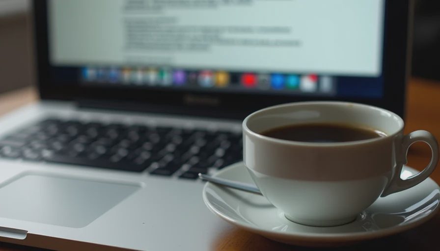 Documentary style close-up of a messy computer screen displaying a long, cluttered work email draft with a half-empty cup of coffee.
