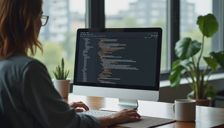 Documentary style photo of a person closely reviewing email rewrite test outputs on a computer screen in a quiet office.