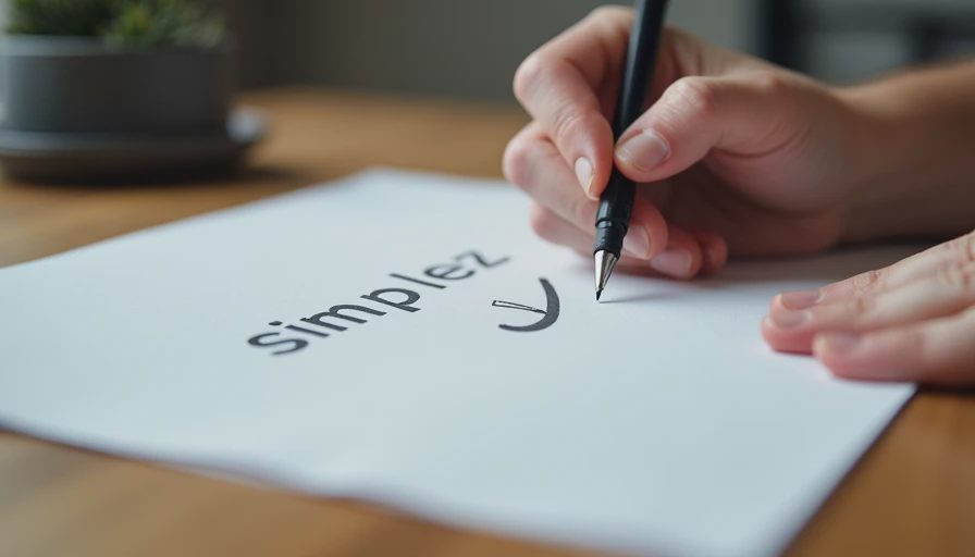 Documentary style photo of hands editing and simplifying a lengthy text document down to a concise core version.