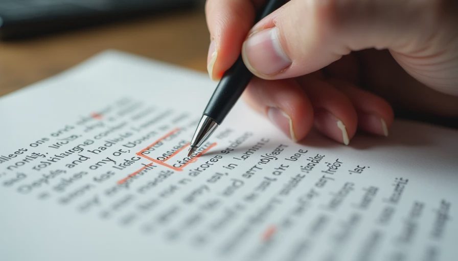 Documentary photo of a hand crossing out redundant lines on a lengthy prompt document on a desk.