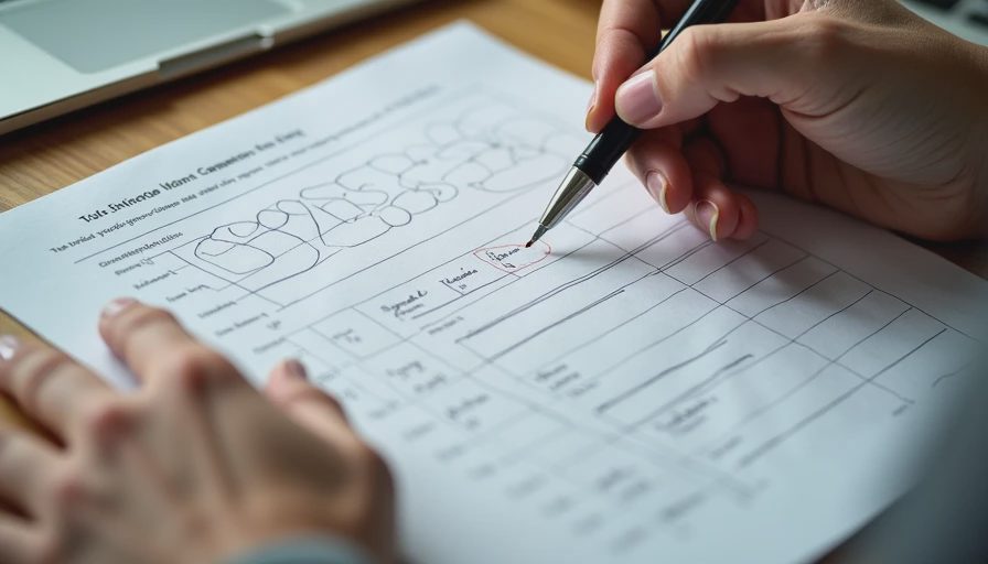 Documentary style shot of a printed content brief extension document with handwritten review notes and single-variable adjustments on a wooden desk.