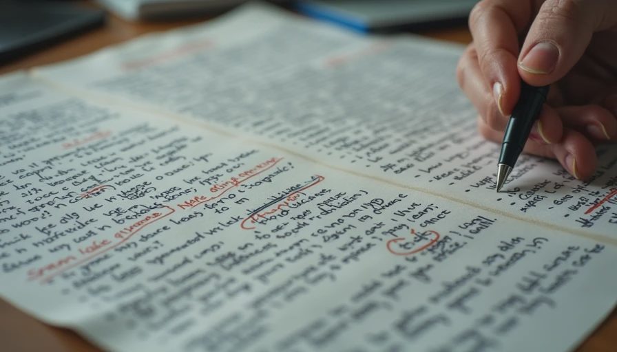 Documentary style close-up of a messy notepad filled with long, cluttered meeting notes, discussion points, and unstructured text.