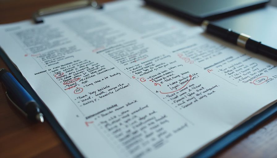 Documentary style close-up of a notepad filled with handwritten notes evaluating AI review time, privacy considerations, and rework costs.