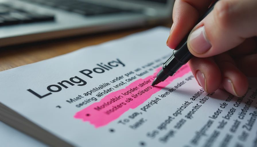 Documentary style close-up of a printed policy document on a desk, with highlighted exceptions and qualifying conditions.