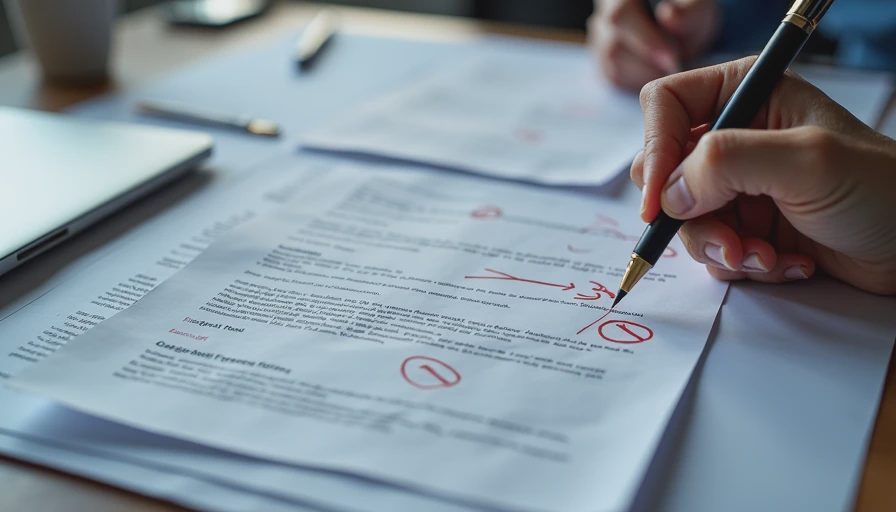 Documentary style shot of printed email test documents with handwritten check marks and evaluation notes on a wooden desk.