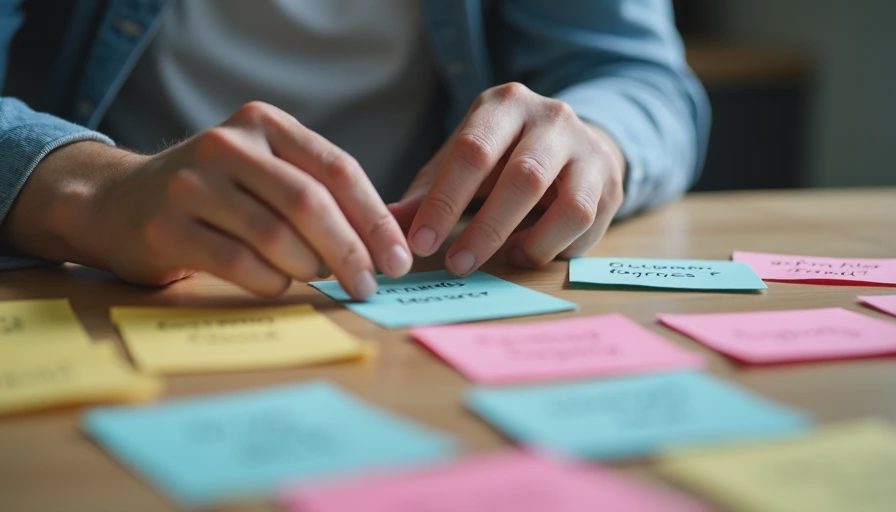 Documentary photo of hands collecting and organizing slips of paper with real customer questions on a desk.