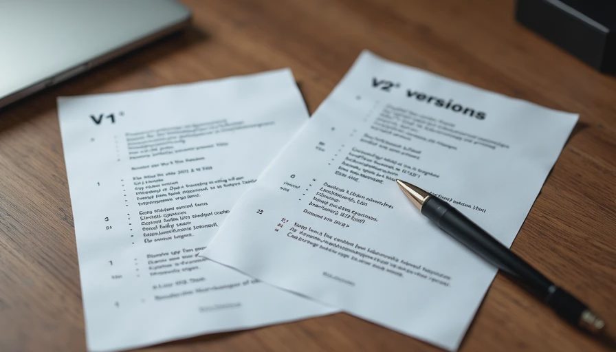 Documentary style shot of two printed test documents labeled V1 and V2 side by side on a wooden desk, showing iterative single-variable comparison notes.