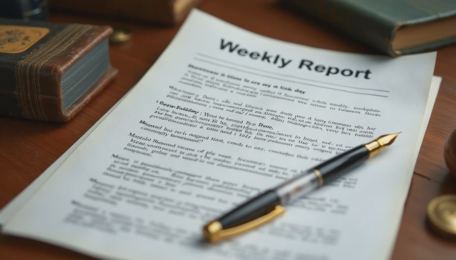 Documentary style shot of a printed weekly research briefing document with handwritten review notes and corrections on a wooden desk.